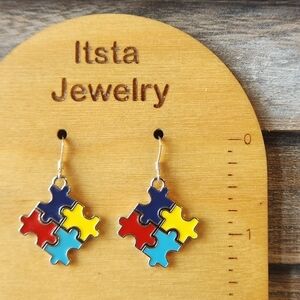 Autism Awareness Puzzle Piece Charm Drop Earrings Sterling Silver French Earwire
